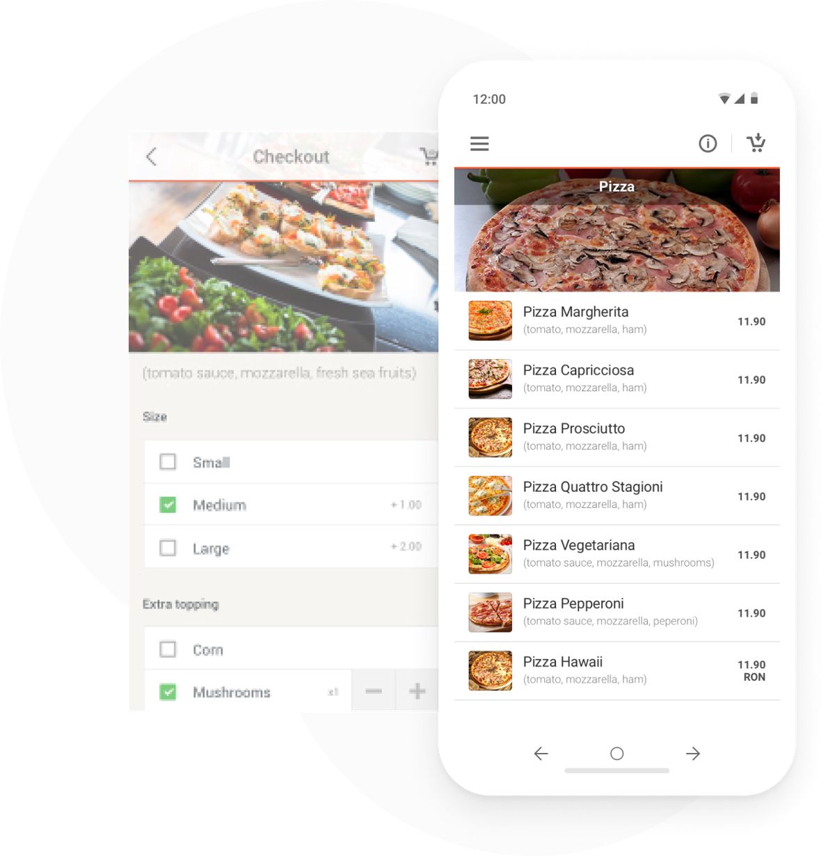 Pantalla de checkout y catálogo de productos de una tienda online, vistos en el celular